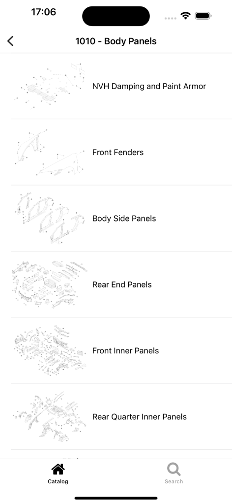 Tesla-Ersatzteilkatalog-App, die eine Liste von Karosseriepaneel-Kategorien und technische Diagramme anzeigt