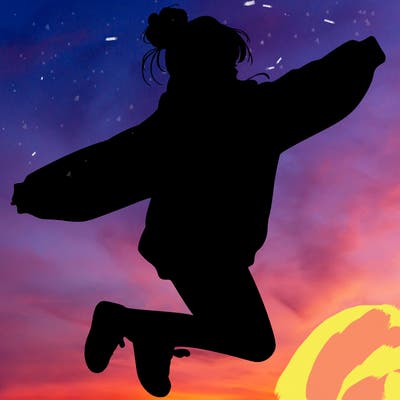 realistic girl jumping with a bun and oversized sweatshirt