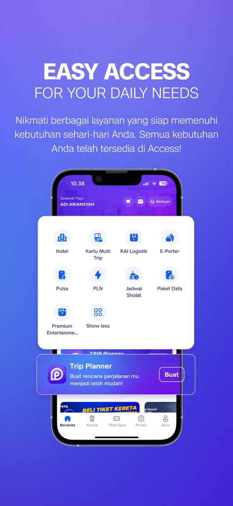 Access by KAI - Interfaz de la aplicación Access by KAI mostrando varios servicios como logística de reserva de hoteles y planificador de viajes
