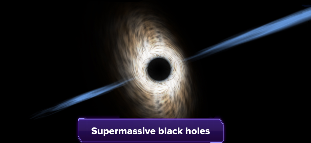 Galaxy Map - 3D visualization of a supermassive black hole with a glowing accretion disk and blue energy jet
