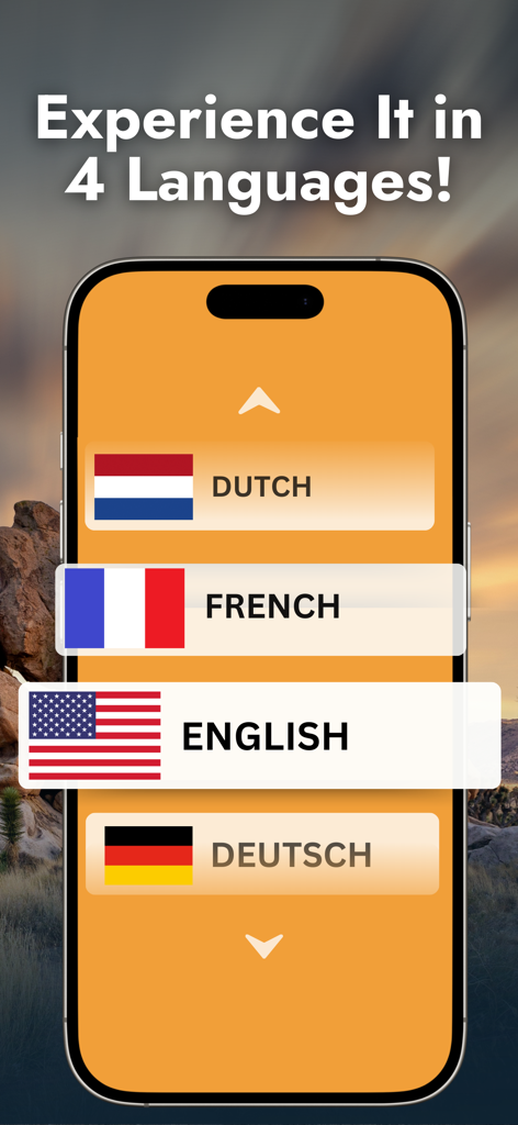 Joshua Tree Audio Tour Guide - Joshua Tree Audio Tour Guide app screen showing English French German and Dutch language options.