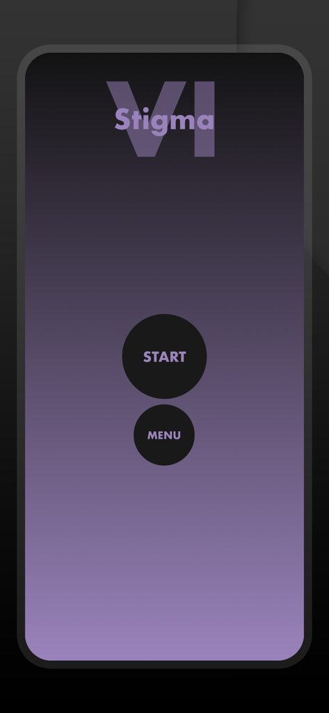 Stigma 6 - Magic Trick Tricks - Home screen of Stigma 6 magic trick app featuring Start and Menu buttons on a purple gradient background