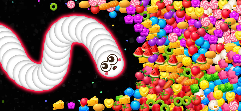Snake Battle - Snake Game - A large white cartoon snake with a red glow slithering towards a variety of colorful sweets and food items