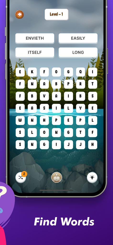 Bible Word Search Puzzle - Bible word search puzzle game screen with a nature background showing the first level and words to find like envieth and easily