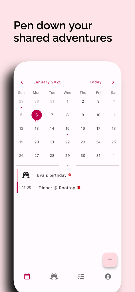 Duet — Couples Calendar & More - A minimalist shared calendar for couples in the Duet app showing upcoming events like birthdays and dinner dates