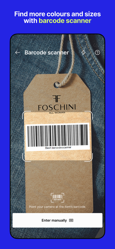 Una pantalla de aplicación móvil que muestra un escáner de código de barras escaneando una etiqueta de ropa minorista para encontrar más colores y tamaños.