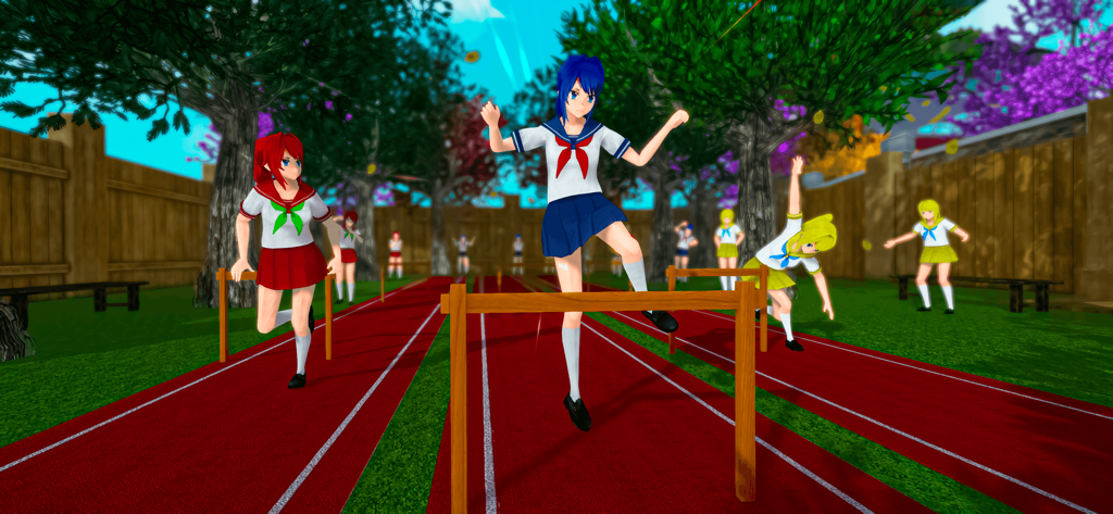 Anime High School Girl Game - Anime school girls participating in a hurdle race competition at school.