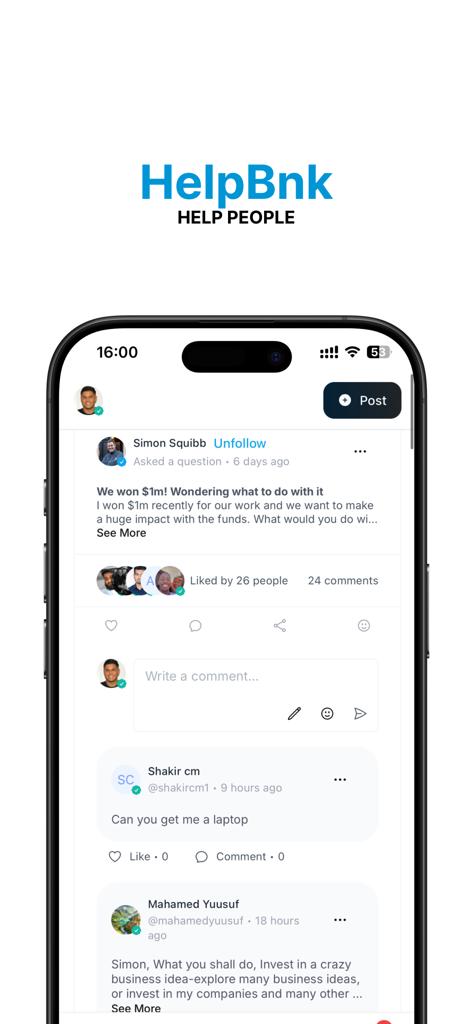 HelpBnk mobile app screen showing entrepreneur community posts and comments