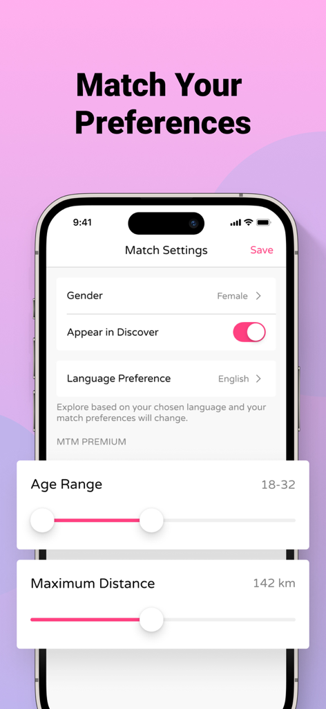Meet Music: Dating for Spotify - A smartphone screen displaying match settings for the Meet Music app including filters for gender age range and distance