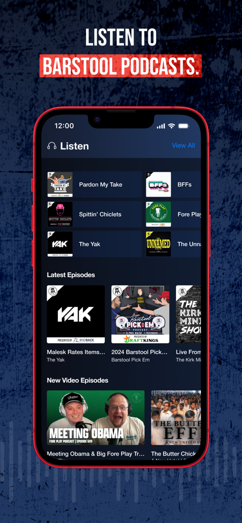 Barstool Sports app podcast and video episode screen