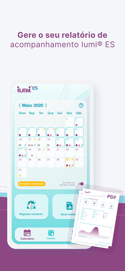 Iumi ES - Vista de calendario mensual de la aplicación Iumi ES con historial de seguimiento de píldoras y un resumen del informe de salud.