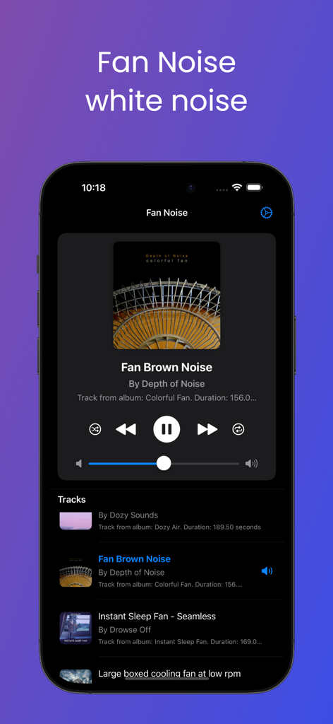Fan Noise White Sleep Sounds - Pantalla de iPhone mostrando la interfaz de la aplicación Fan Noise con un reproductor de ruido blanco y una lista de pistas de sueño