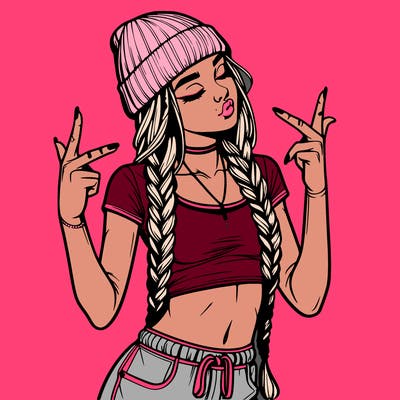 realistic teenage girl with braids and a beanie and crop top doing 🫶🏼