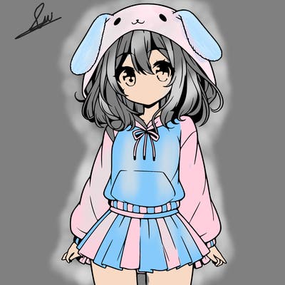 pretty anime girl wearing a fluffy hoodie with bunny ears on the hood and a skirt