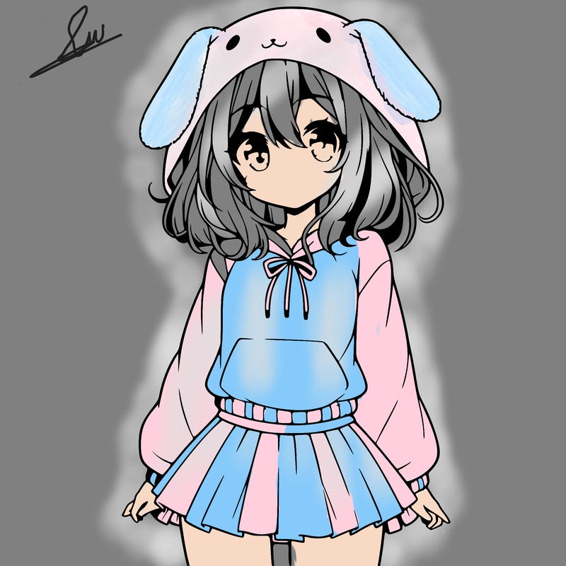 pretty anime girl wearing a fluffy hoodie with bunny ears on the hood and a skirt