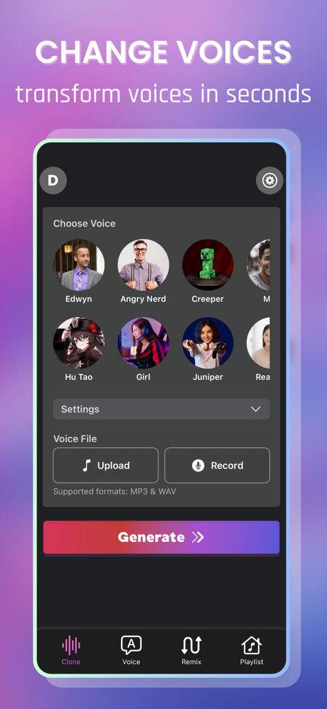Voice Generator & Changer Pro - Interface of Echo Voice Changer app showing a selection of AI characters and options to upload or record voice files.