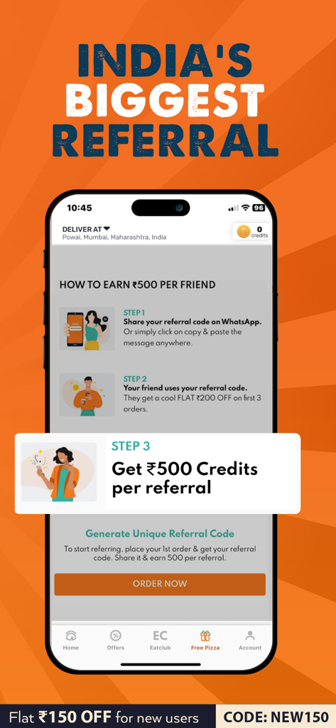 Écran de l'application MOJO Pizza montrant les étapes du programme de parrainage pour obtenir des crédits