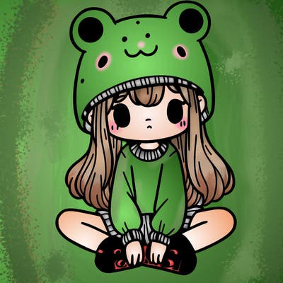 a girl wearing a frog hat and some frog socks