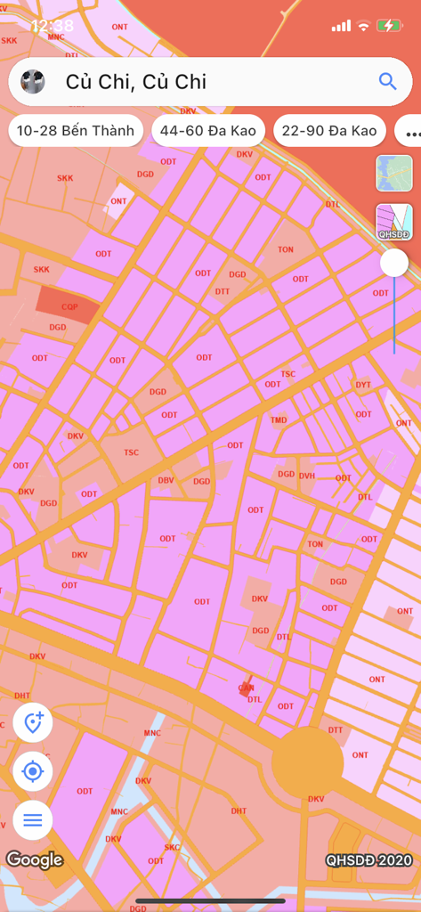 QH TP. HCM - Mobile app interface showing a color coded urban planning and land zoning map for the Cu Chi district in Ho Chi Minh City