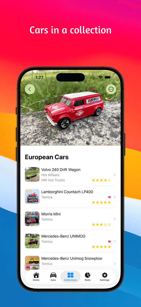 My Diecast Cars - Screenshot of My Diecast Cars app displaying a list of vehicles within the European Cars collection including Volvo and Lamborghini models