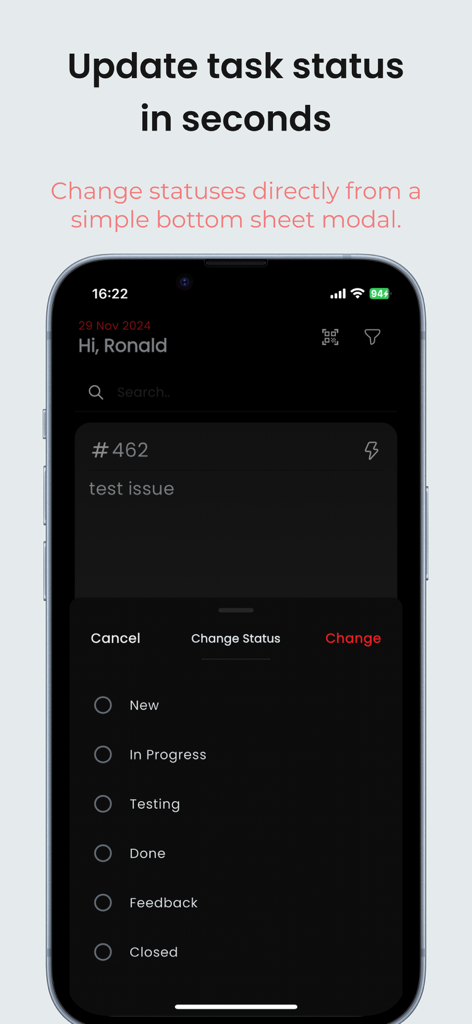 RedLog app interface for updating task status using a bottom sheet modal