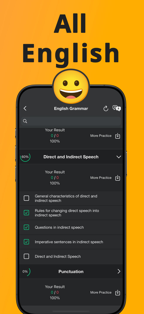 Perfect English Grammar - Interfaz de la aplicación Perfect English Grammar que muestra categorías de lecciones y seguimiento del progreso para el discurso directo e indirecto.