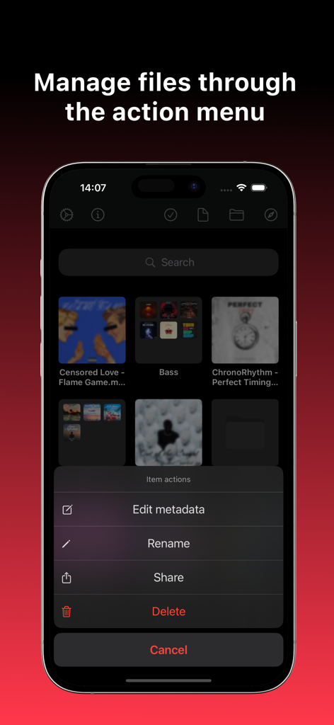 メタデータの編集や名前の変更などのファイル管理オプションを表示する、Music AppのiPhone画面。