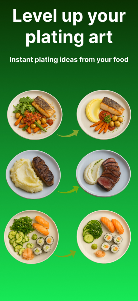 AI Food Plating - Visual examples showing food plating transformations for salmon steak and sushi platters