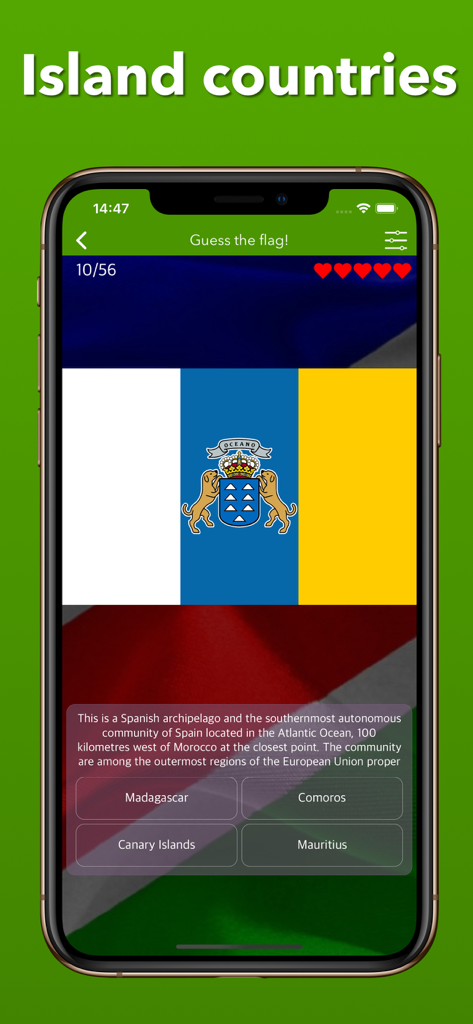Africa: Flags & Geography Maps - Mobile app screenshot of a geography quiz about African island countries showing the flag of the Canary Islands.