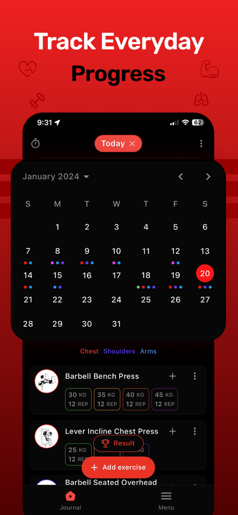 Gym Tracker - Workout Log Pro - Gym Tracker app interface showing a monthly workout calendar and detailed exercise log for strength training sets
