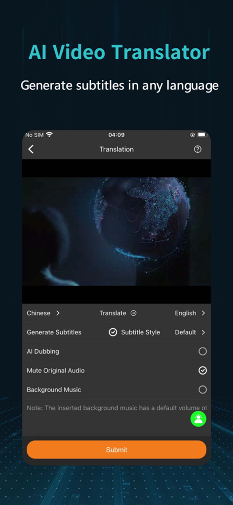 OpenCut - OpenCutモバイルアプリインターフェース。AI動画翻訳および多言語字幕生成設定を示しています。