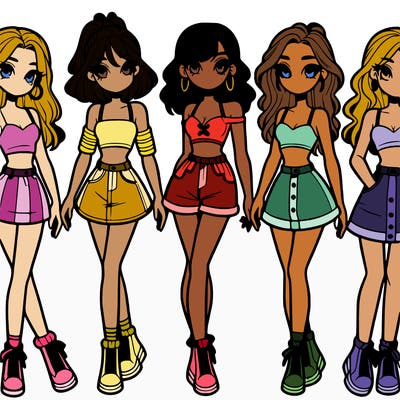 5 girls in crop tops and skirts