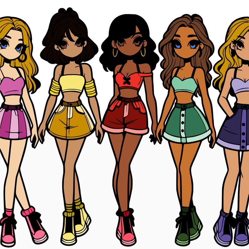 5 girls in crop tops and skirts