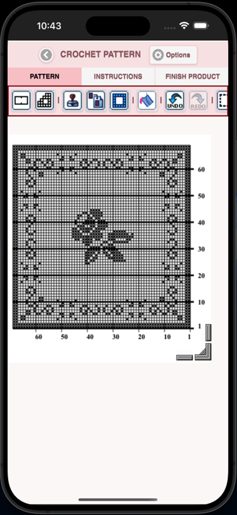 Filet Crochet Pattern Creator - Mobile app interface showing a filet crochet grid pattern with a rose motif and editing tools