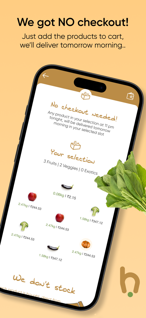 Handpickd: Fruits & Veggies - Handpickd app interface explaining the zero checkout process for fresh produce delivery