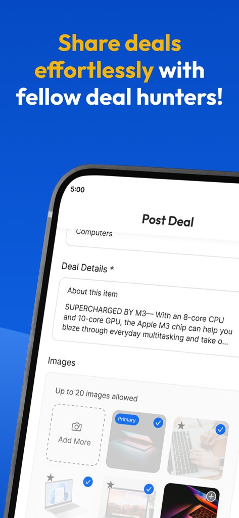Interfaz de la aplicación Slickdeals que muestra la pantalla Publicar Oferta para compartir descuentos con la comunidad