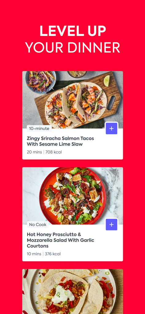 Gousto app interface displaying a variety of meal kit recipe options including salmon tacos and honey prosciutto salad