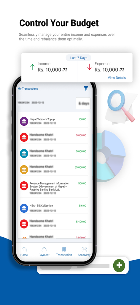 収入、支出、取引履歴を表示するConnectIPSモバイルアプリ画面。