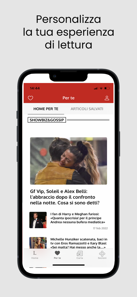 Interface de l'application Leggo montrant un flux d'actualités personnalisé avec des articles sur le showbiz et les célébrités.