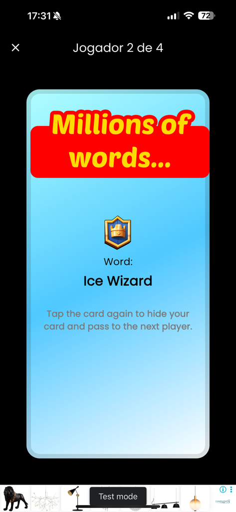 Un écran de jeu mobile montrant une carte de mot secret avec le texte Sorcier de glace pour le joueur deux