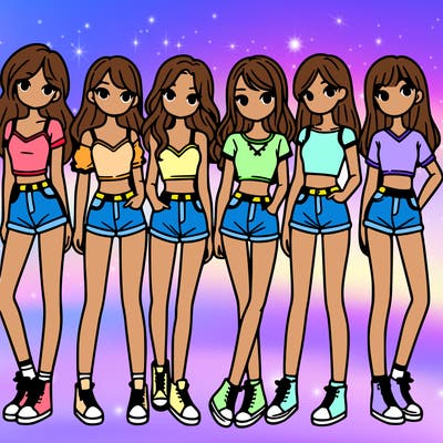 a group of girls wearing crop tops and shorts