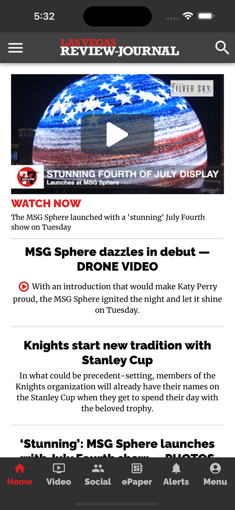La pantalla de inicio de la aplicación móvil Las Vegas Review-Journal que presenta noticias sobre la MSG Sphere y los Vegas Golden Knights.