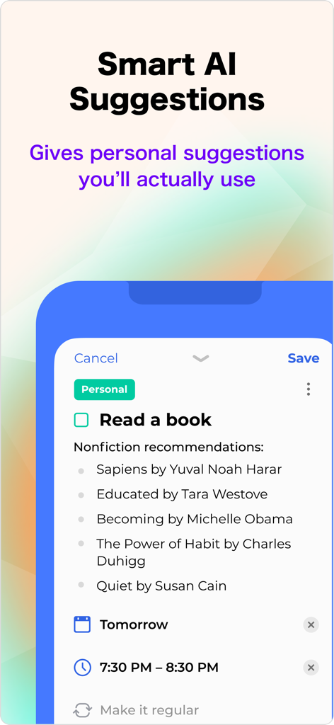 Day Flow: AI Daily Planner - Day Flow app interface displaying smart AI recommendations for a reading task.