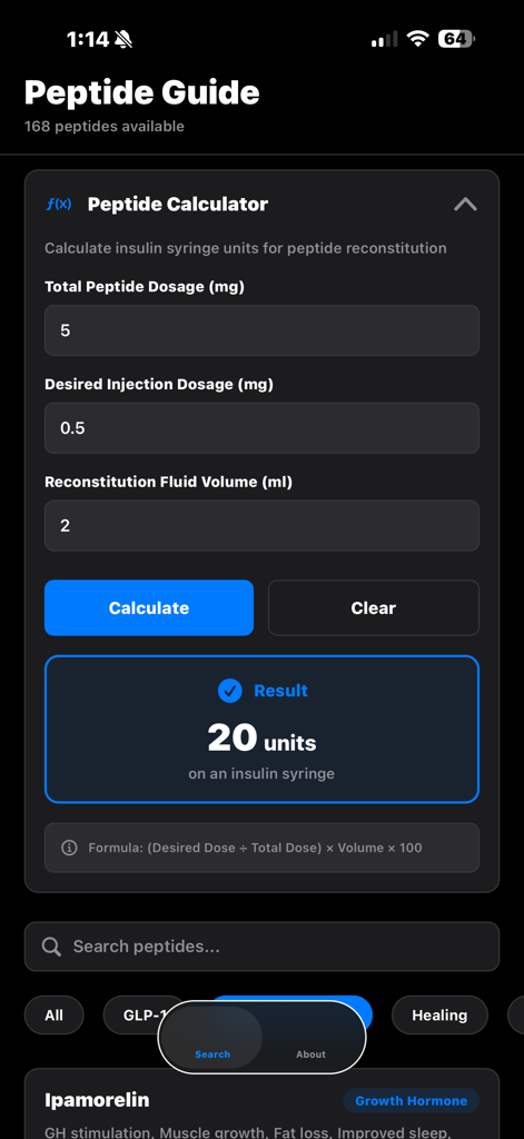 A interface de um aplicativo móvel do Guia de Dosagem de Peptídeos mostrando uma calculadora que converte miligramas e mililitros em unidades de seringa de insulina.