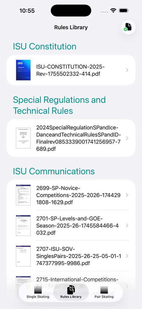 Rules Library screen in the Scale of Values app listing ISU technical regulations and communications PDFs.