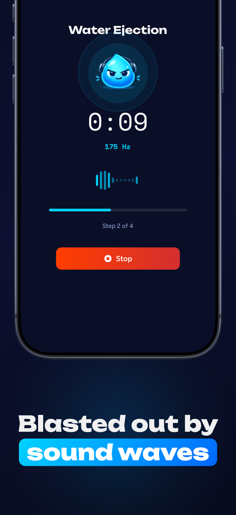 Drip Speaker Cleaner Water Fix - Drip Speaker Cleaner app interface showing a water ejection process with a timer and sound wave visualization.