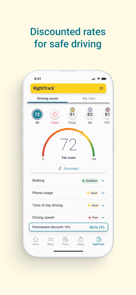 Liberty Mutual Mobile - Liberty Mutual RightTrack screen showing a safe driving score of 72 and behavioral feedback for insurance discounts.