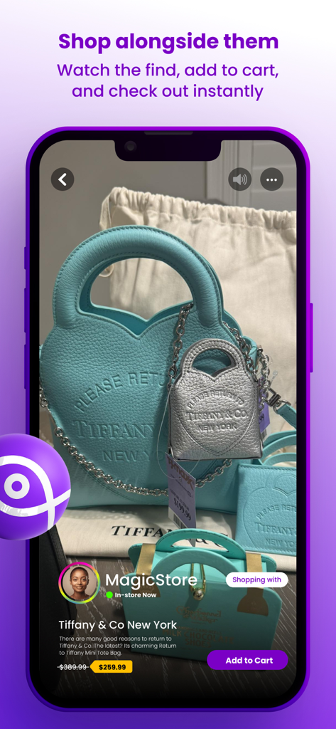 ShopWithMe App - Interface of the ShopWithMe app showing a personal shopper livestreaming Tiffany and Co luxury bags with an add to cart button.