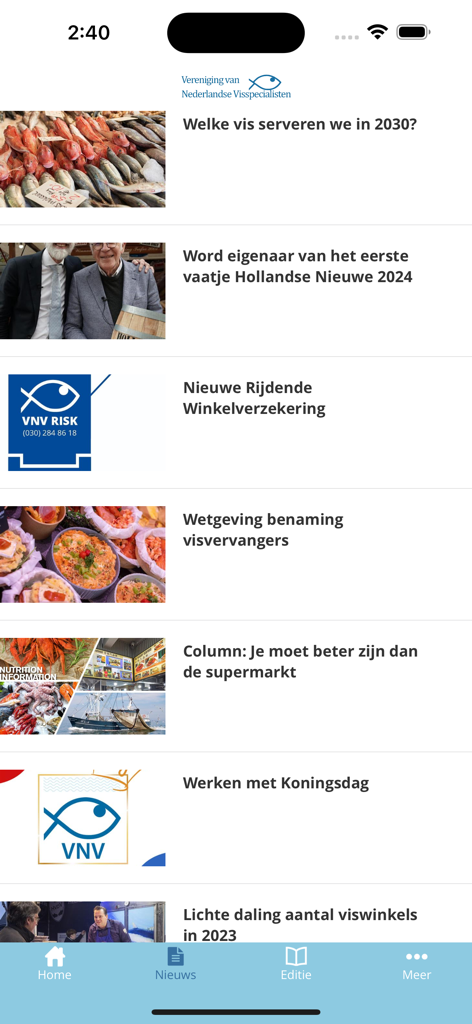 VNV app - Interface of the VNV app displaying a feed of professional seafood industry news and articles
