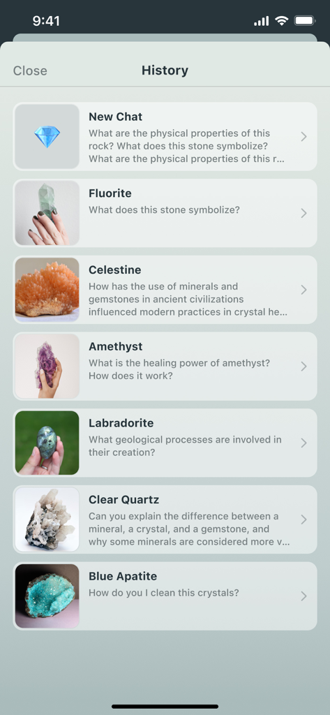 RockLens - Stone & Gemstone ID - History screen of the RockLens app showing a collection of identified stones and crystals like Amethyst and Fluorite